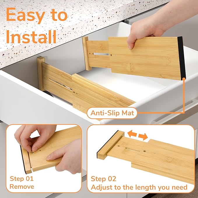 BAMEOS 4 PCS Bamboo Drawer Divider Adjustable Drawer Dividers Kitchen Drawer Organization Utensil Organizers for Kitchen Dresser Bathroom Bedroom and Office-NeatNest