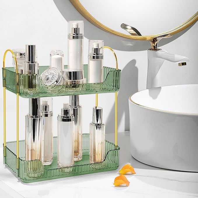 Bathroom Counter Organizer Countertop Storage Skincare Countertop Makeup Organizer Cosmetics Skincare Organizers Holder for Perfume-Green-golden pole-NeatNest