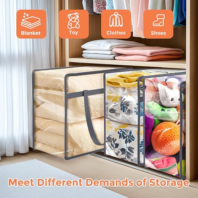 Budding Joy 6 Pack Clear Zippered Storage Bags for Clothes,40L Closet Organizers and Storage Containers Vinyl Moving Bag for Bedding, Linen, Blankets, Comforters, Clothing & Toys, Grey-NeatNest