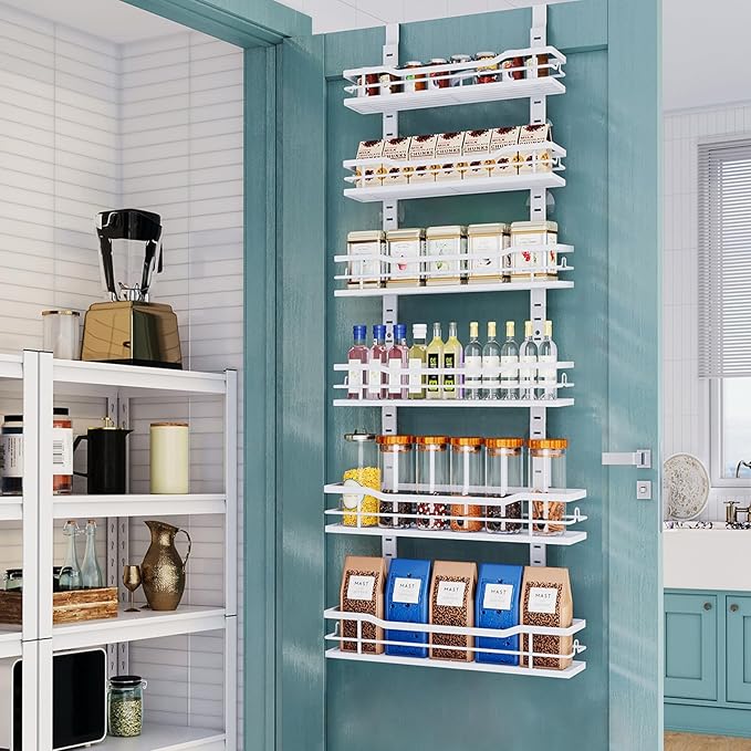 Over The Door Pantry Organizer,6-Tier Over The Door Organizer with Adjustable Basket,Metal Hanging Pantry Organizers and Storage for Kitchen, Back of Door Seasoning Rack (White)
