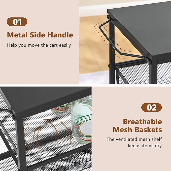 Hoctieon Rolling Storage Cart, 4-Tier Wide Panel Rolling Kitchen Storage Cart, Utility Cart with Handle & Wheels, Mobile Shelving Unit, Metal Frame Narrow Cart for Home Kitchen, Laundry, Black