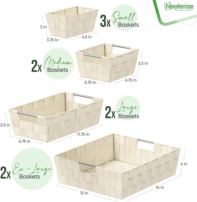 Baskets For Organizing Set Of 9 Cream - Storage Baskets For Shelves - Perfect Closet Organizer Bins, Bathroom Basket, and Pantry Basket - Small Storage Bins For Shelves - Bin For Organization-NeatNest
