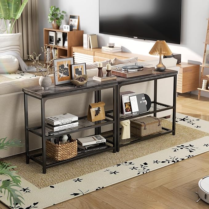32" Small Console Table, 3-Tier Entryway Table, Sofa Table with Mesh Shelves, Console Tables for Living Room, Bedroom, Hallway, Entryway, Foyer, Grey-NeatNest