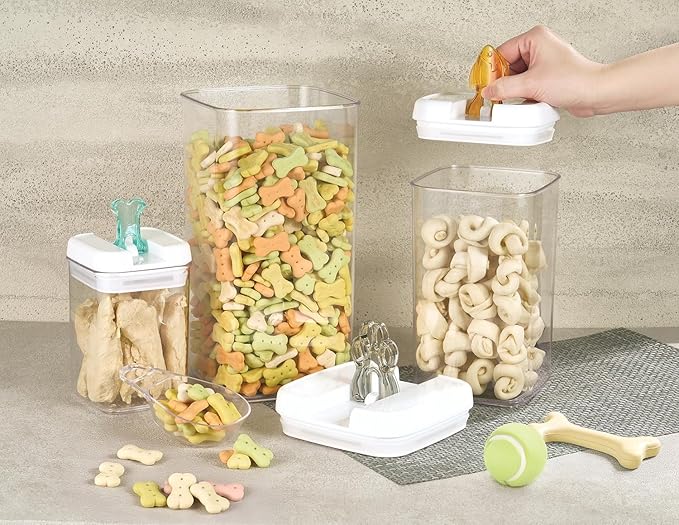 Felli Flip Tite Pet Food Container with Airtight Lids, BPA FREE Acrylic Canister with Paw Bone Fish Flip Top Handles for Cat Dog Kibble Treats Storage, Keep Fresh (Pet Collection Nest-L3pk)-NeatNest