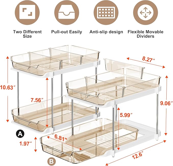 Delamu 2 Sets of 2-Tier Multi-Purpose Bathroom Under Sink Organizers and Storage, Stackable Kitchen Pantry Organization, Pull Out Medicine Cabinet Organizer with 8 Movable Dividers, Amber-NeatNest