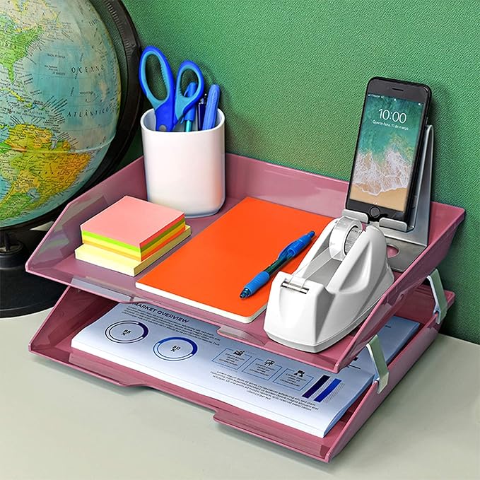 Acrimet Facility 2 Tier Letter Tray, Side Load, Letter Size/A4, Desktop File Organizer, Plastic (Solid Pink Color)-NeatNest