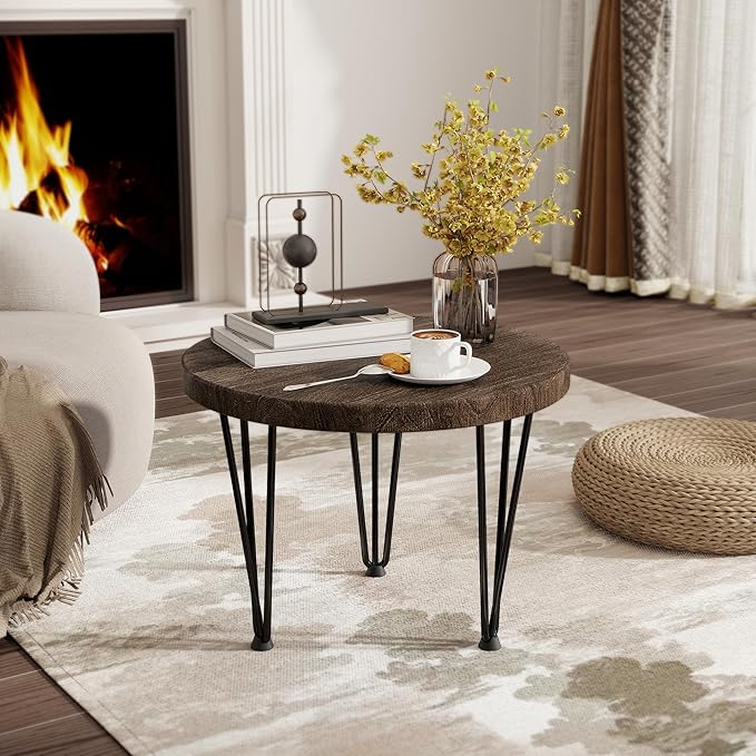 Fun Memories Round Coffee Table - Elm Wood Nesting Table with Metal Legs & Non Slip Feet Base - Rustic Nesting End Tables for Living Room Bedroom - 20" D x 20" W x 16" H - Walnut Color