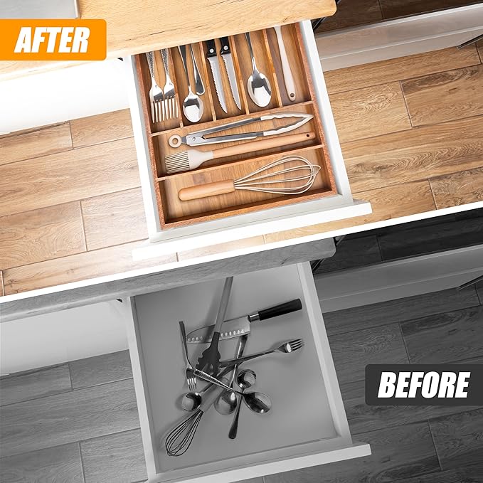 Bellsal Bamboo Silverware Organizer, 12"x15.7" Utensil Holder Cutlery Tray with Grooved Drawer Dividers for Kitchen Flatware, Bedroom, Office (7 Slot, Acacia)-NeatNest