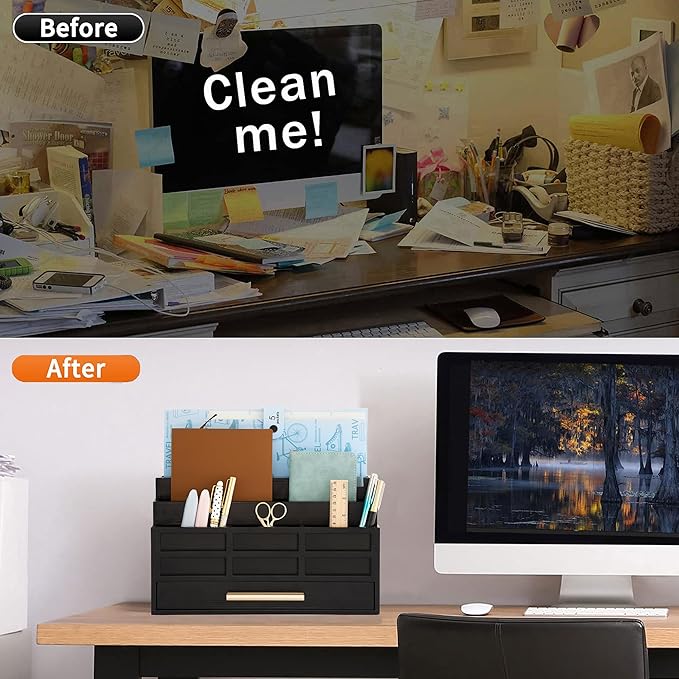 Black Wood Desk Organizer and Accessories with Drawer, Bill Mail Organizer and File Mail Holder for Office Supplies, Rustic Desk Accessories & Workspace Organizers for Desk Organization-NeatNest