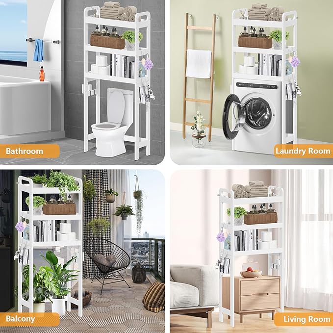 3 Tiers Over The Toilet Storage Shelf, Space Saver Bathroom Organizer Shelves with Toilet Paper Holder and Hooks, Freestanding Toilet Rack for Washroom Balcony (White)