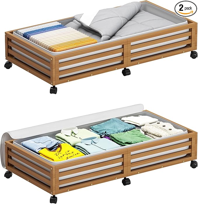 Bamboo Under Bed Storage Containers- Underbed Organizer with Wheels with Large Dust Bag,Sturdy Wood Rolling Under the Bed Shoe Storage Organizer Drawer 2 Packs (Walnut, Long)-NeatNest