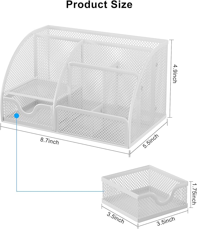 EasyPAG Mesh Desk Organizer, Multi-functional Stationery Organizer for School Supplies, Office Pen Holder for Desk, 6 Compartments Dorm Organization with Drawer, White