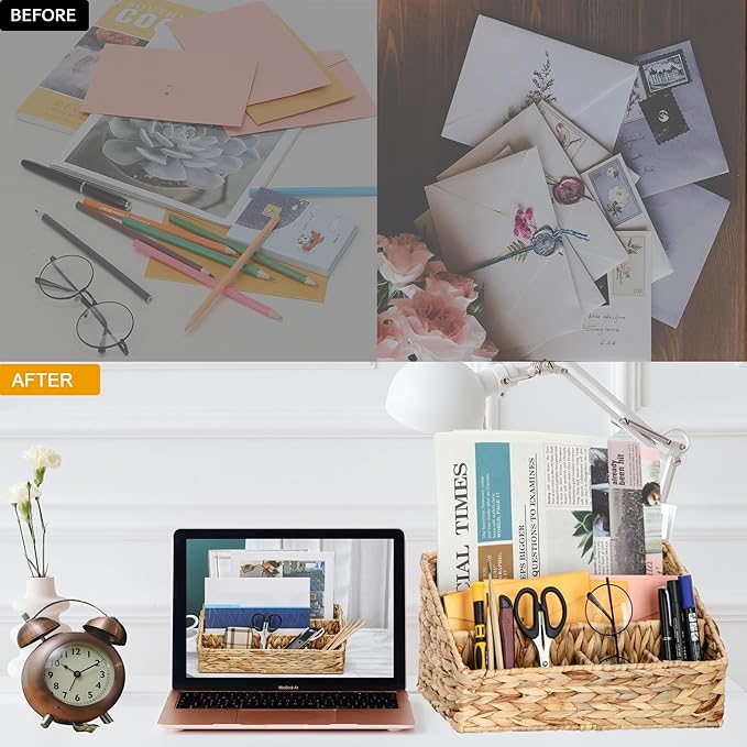 Desk Organizer – Countertop Mail Organizer, Magazine Holder, Boho Decor Water Hyacinth Desk Mail Holder for Home Office, Farmhouse, 12.6" L x 6.7" W x 6.3" H-NeatNest