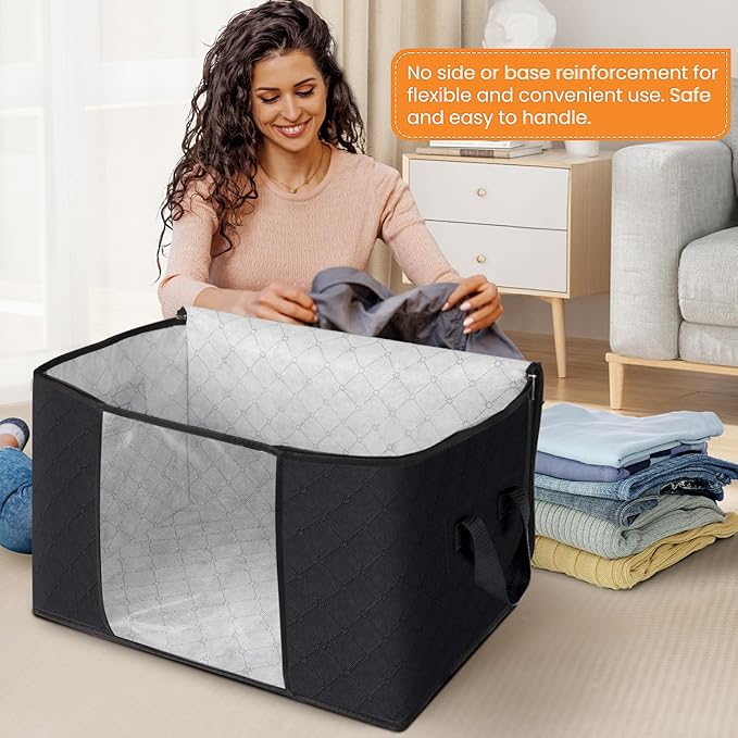 Fab totes 90L Clothes Storage, Foldable Thick Fabric Blanket Storage Bags, Containers for Organizing Bedroom, Closet, Clothing, Comforter, Organization with Handle (10 Pack,Black)-NeatNest