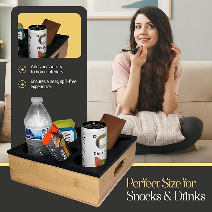 Bamboo Couch Cup Holder ā 100% Wood Frame & Removable BPA-Free Silicone ā Waterproof Anti-Spill Couch Tray & Couch Caddy for Bed, Sofa & Car Seat ā Holds Snacks, Beverages & Remote-NeatNest
