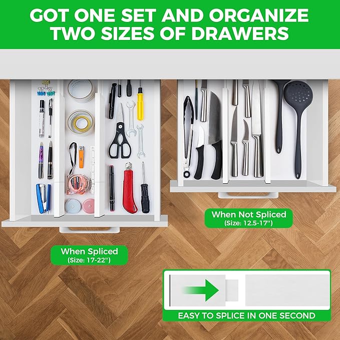 Bamboo Drawer Dividers Organizer with Inserts, Expandable from 12.5-21.7", Adjustable Drawer Organizer Separators for Utensils, Dresser, Bedroom, Bathroom, Closet, Clothing, Office (White)-NeatNest