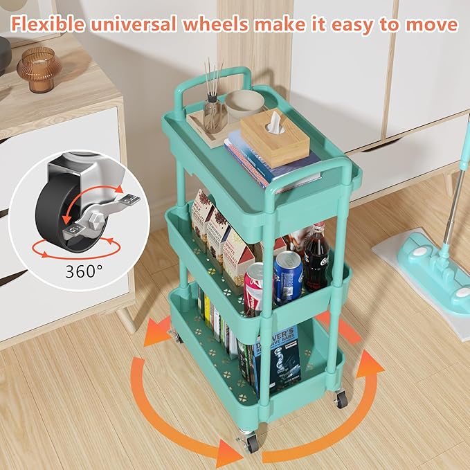 Calmootey 3-Tier Rolling Utility Cart with Drawer,Multifunctional Storage Organizer with Plastic Shelf & Metal Wheel,Storage Cart for Kitchen,Bathroom,Living Room,Office,Green-NeatNest