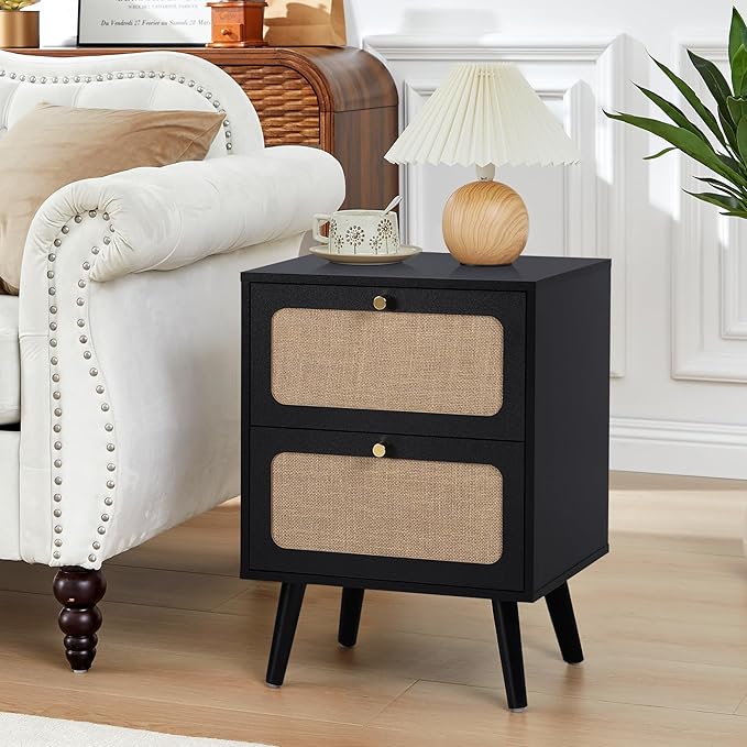 Mid Century Night Stand Set of 2, Modern Nightstand with 2 Drawers & Curved Linen Panel, Farmhouse End Table Wood Bedside Table Small Side Tables for Small Space, Bedroom (Black)