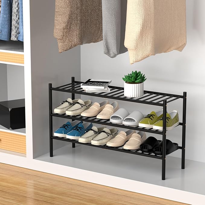 3-Tier Bamboo Long Shoe Rack, Free Standing Wood Shoe Shelf Storage Organizer for Closet Entryway Stackable 35"x11"x20" (Black)-NeatNest