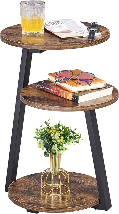 BEWISHOME Round End Table Side Table with Metal Frame, Accent Nightstand Bedside Table with 3-Tier Shelves, Small Couch Coffee Table for Living Room Bedroom Rustic Brown KTZ41Z-NeatNest