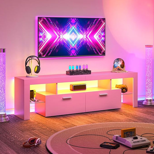 Clikuutory Modern Lighting 63 inch TV Stand with Large Storage Drawer for 50 55 60 65 70 75 Inch TVs, TV Console with 20 Color LED Lights, Entertainment Center Media and Open Shelf for Bedroom, Pink-NeatNest