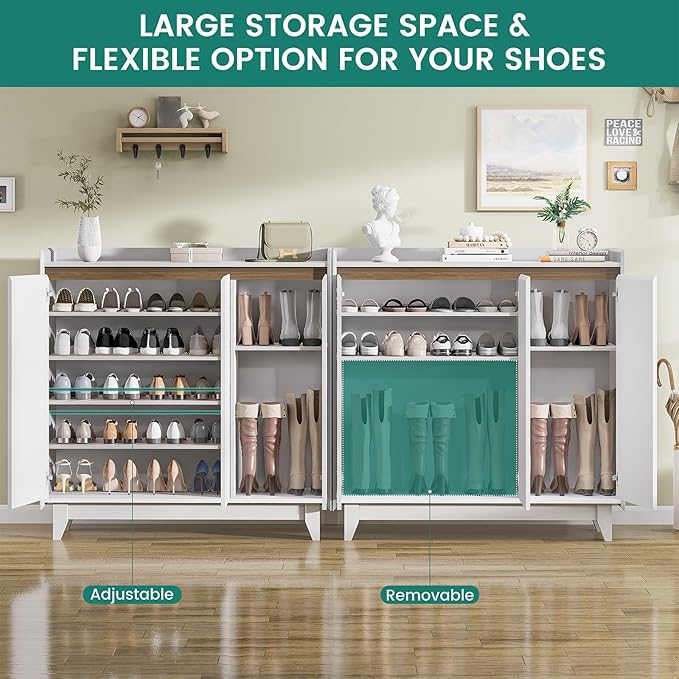 Wave Shoe Shortage Cabinet with 3 Doors 2PC, 6-Tier Freestanding Shoe Storage Cabinet with Adjustable Shelves, White &Walnut Fluted Door Shoe Organizer, 43.7’’ H Tall Shoe Rack for Entryway, Hallway.-NeatNest
