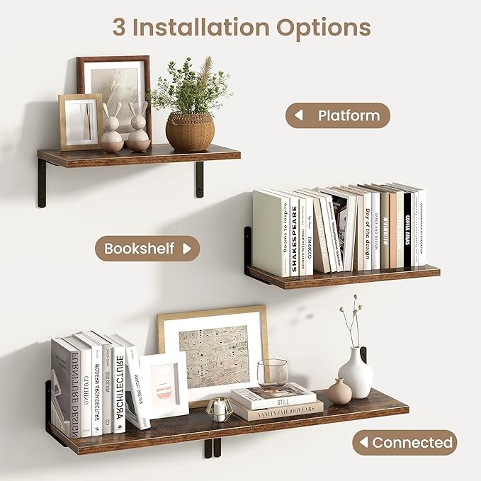 Fun Memories Deep Floating Shelves, 16W x 8D Floating Shelves Set of 2, Wall Mounted Shelf with Metal Brackets, Rustic Wood Wall Shelf for Bathroom, Kitchen and Living Room, Rustic Brown-NeatNest