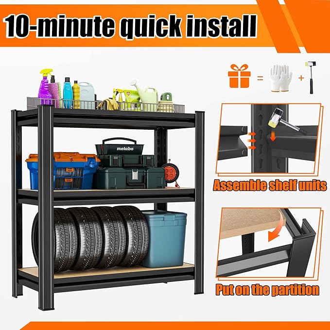 Garage Shelving, 3-Tier Adjustable Storage Shelves, Metal & Wood Pantry Shelf Organizer, Modern Garage Shelving Unit, Utility Storage, 29" W x 30" H x 12" D-NeatNest