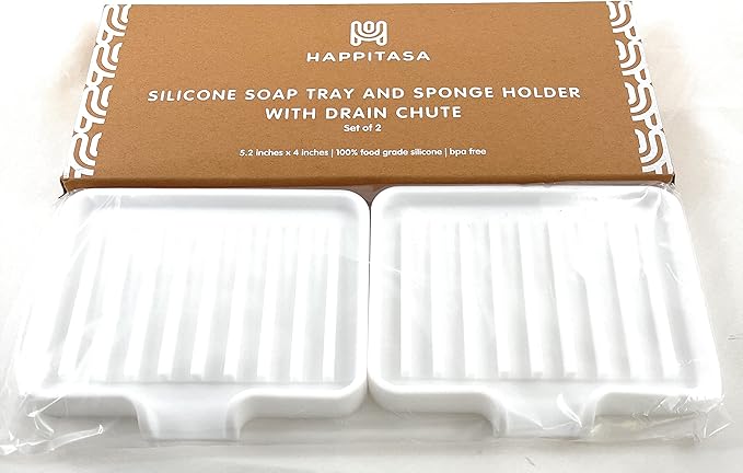 Happitasa Silicone Soap Dish Tray and Sponge Holder with Drain Chute, Pack of 2 | Bathroom and Kitchen Sink Organizer Caddy (White, 5.2"x4", 7.2 Ounces)-NeatNest