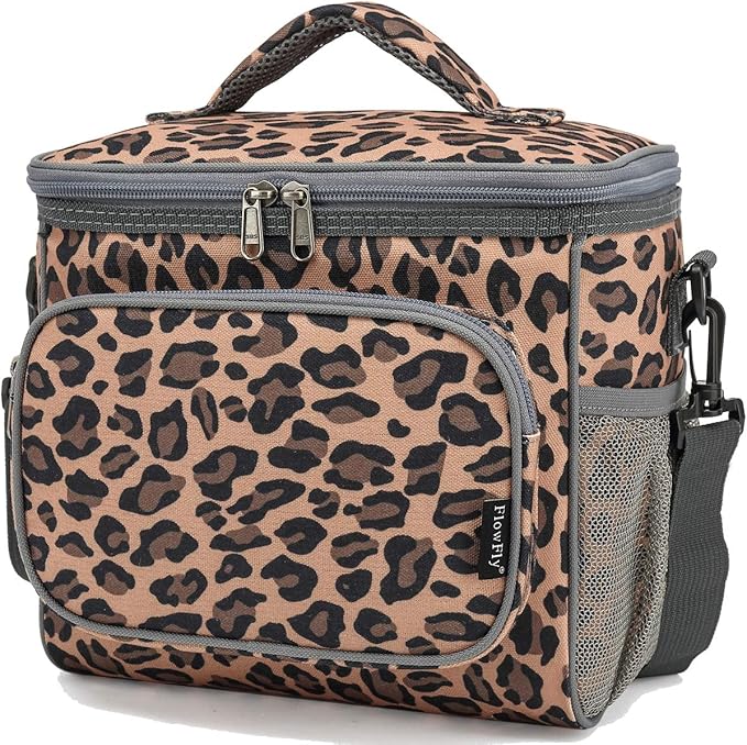FlowFly Insulated Reusable Lunch Bag Adult Large Lunch Box for Women and Men with Adjustable Shoulder Strap,Front Zipper Pocket and Dual Large Mesh Side Pockets,Leopard-NeatNest