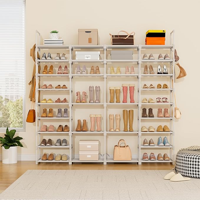 ROJASOP Large Shoe Rack Organizer for Entryway Closet 64-68 Pairs 9-Tier Heavy Duty Tall Garage Shoe Rack Shoe Shelf Shoes Storage with 18 Pcs Removable Side Hooks for Bedroom and Garage White-NeatNest