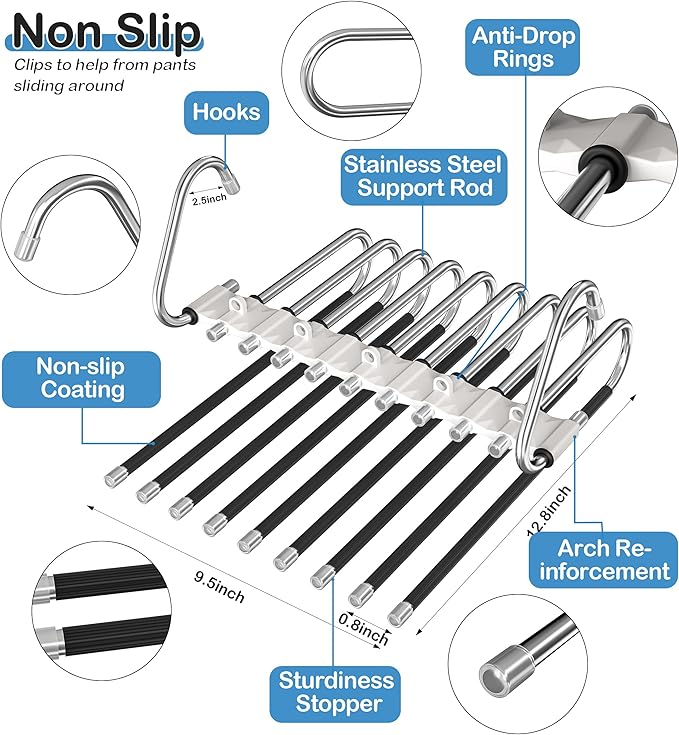 9 Layers Pants Hangers Space Saving, 2 Pack Multifunctional Pant Rack Stainless Steel Closet Organizer for Pants Jeans Leggings Trousers, Antiquewhite-NeatNest