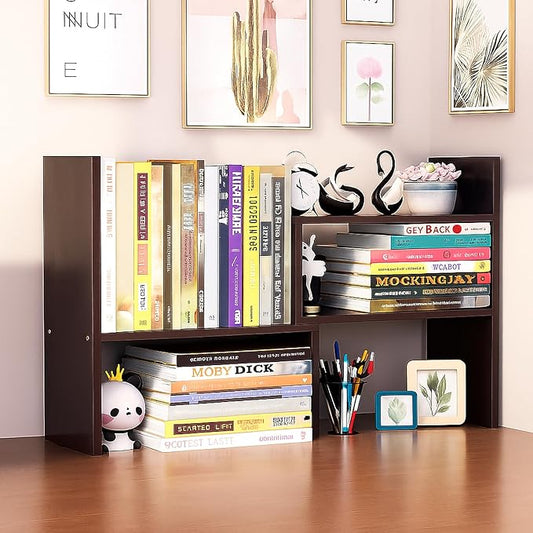 Desktop Shelf Organizer, Adjustable Wood Office Storage Rack, Counter Display Small Bookshelf for Home/Office/School(Dark Walnut)-NeatNest