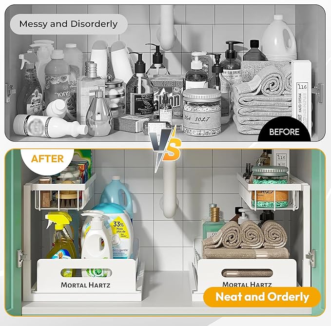 Under Sink Organizer Rack – 2-Tier Pull-Out Storage Shelf for Kitchen & Bathroom Cabinets – Space-Saving L-Shaped Metal Organizer with Sliding Baskets (White, 1-Pack)-NeatNest