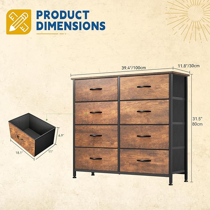 DWVO 8 Drawers Fabric Dresser, Furniture Storage Tower Cabinet, Organizer for Bedroom, Living Room, Hallway, Closet, Sturdy Steel Frame, Wooden Top, Easy-to-Pull Fabric Bins-NeatNest