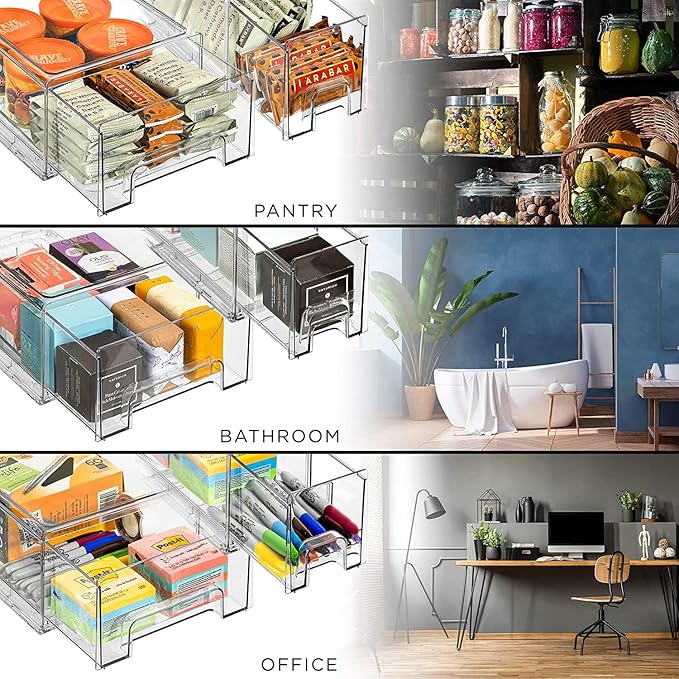 Sorbus Fridge Drawers - Clear Stackable Pull Out Refrigerator Organizer Bins - Food Storage Containers for Kitchen, Freezer, Vanity & Fridge (3 Pack | 1 Medium, 2 Small Stackable Drawer Bins)