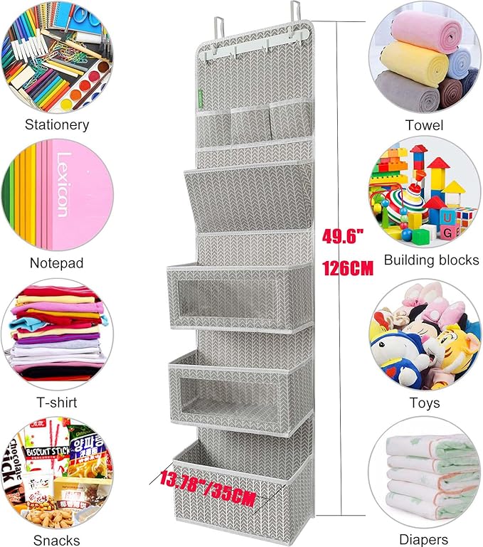 VICTORICH All-IN-ONE Over the Door Organizer, Super Behind the Door Storage Organizer with Door Rack and Large Clear Windows, Wall File Organizer, Hanging Organizer (New Branch Gray)