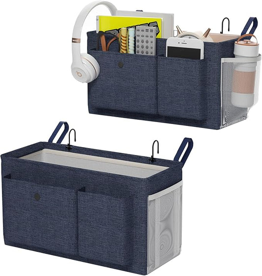 Bedside Caddy Bedside Organizer with Fixed Straps & Water Bottle Holder, Bunk Bed Caddy ideal for Home, Dorm, Hospital, Crib, Versatile Bedside Storage Solution (Navy 2pcs)-NeatNest