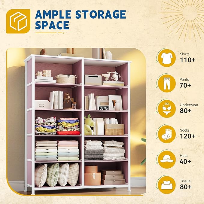 DWVO 10 Drawer Dresser - Fabric Storage Tower, Tall Chest Organizer Unit, Living Room, Hallway, Closets - Sturdy Steel Frame, Wooden Top & Easy Pull Fabric Bins, Pink-NeatNest