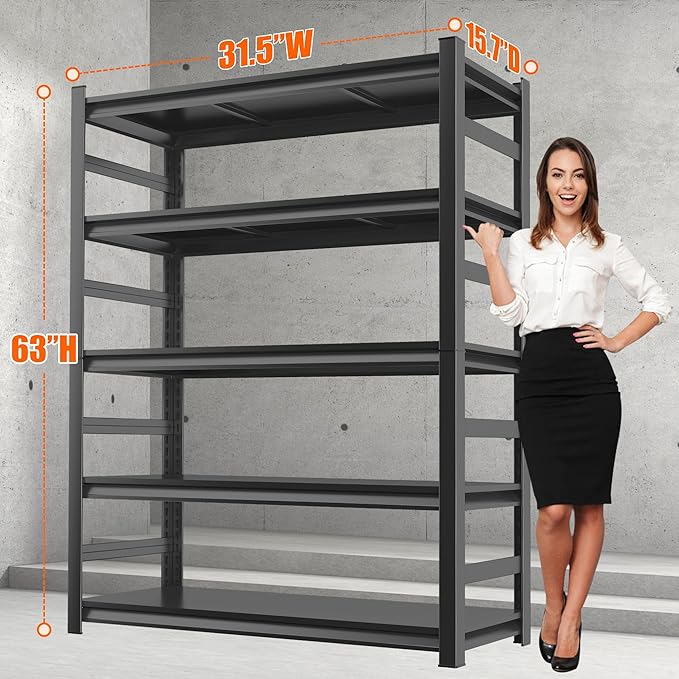 Adjustable Heavy Duty Metal Garage Shelving Unit with Fence, 5-Tier Storage Rack for Garage, Basement, or Warehouse, Durable Steel Shelves for Tools & Equipment, 63" H x 32" W x 16" D, Black-NeatNest