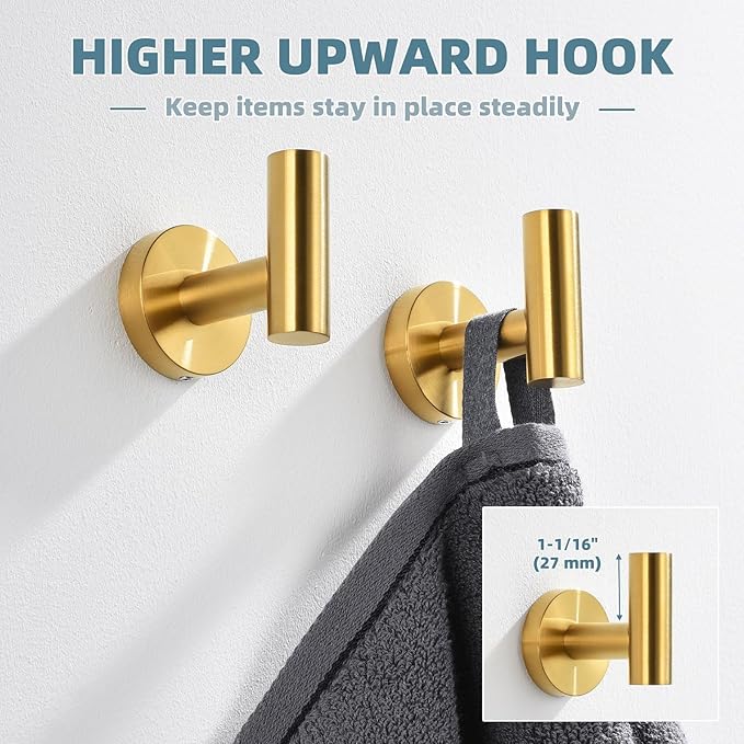 APLusee Hand Towel Hook 2 Pack Brushed Gold, 304 Stainless Steel Bath Robe Hanger, Wall Mounted