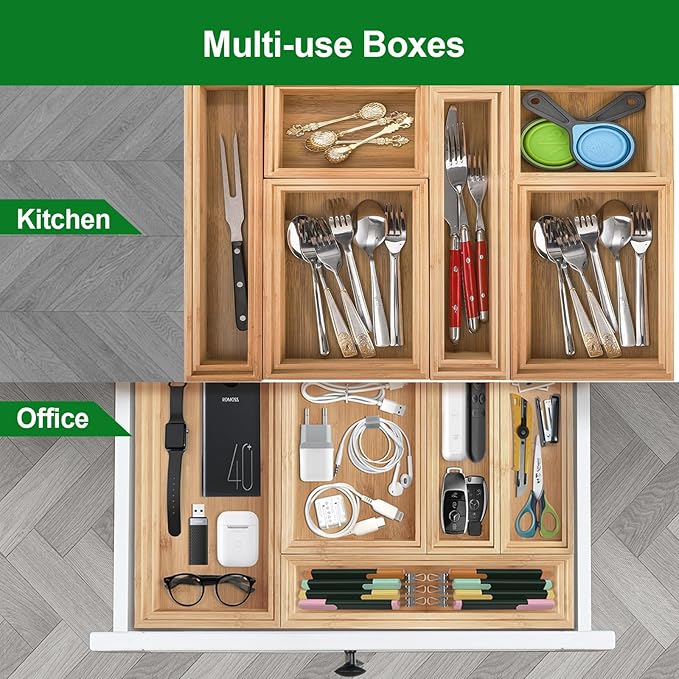 Bamboo Drawer Organizer, 2PCS Stackable Storage Boxes for Utensil Organizer, Wood Tray for kitchen, Bathroom and Bedroom 9" x 6" x 2"-NeatNest