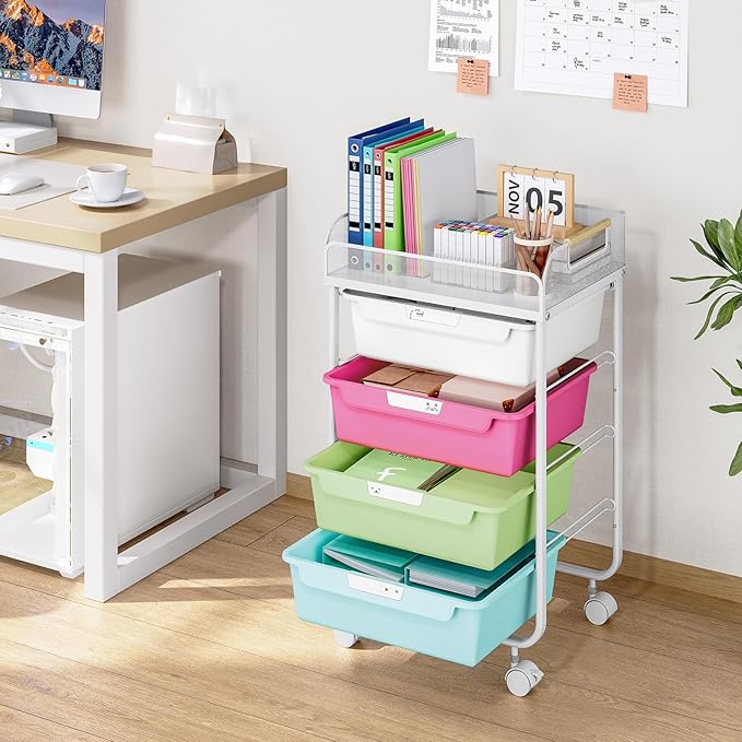 Utility Cart with Drawers,Rolling Cart with Drawers,Craft Cart,Storage Cart with 4 Drawers & DIY Lable for Office Kids Room Bedroom, Multicolor