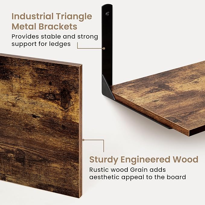 Fun Memories Rustic Brown 12 Inch Deep Floating Shelves Set of 2, Wall Mounted Shelf with Metal Brackets, Rustic Wood Wall Shelf for Bathroom, Kitchen and Living Room-NeatNest