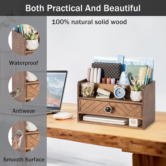 Brown Wood Desk Organizer and Accessories with Drawer, Bill Mail Organizer and File Mail Holder for Office Supplies, Desk Accessories & Workspace Organizers-NeatNest