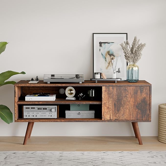 Cozy Castle TV Stand for 48 Inch TV, Mid Century Modern Entertainment Center with Storage Cabinet, TV Media Console for Living Room, Bedroom, Rustic Brown-NeatNest