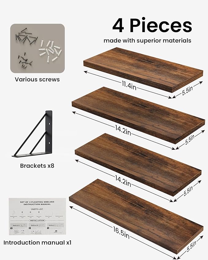 BAYKA Wall Shelves for Bedroom Decor, Floating Wall Shelves for Living Room Kitchen Storage, Wall Mounted Rustic Wood Floating Shelves for Kids Books, Corner Shelf for Bathroom(Rustic Brown,Set of 4)-NeatNest