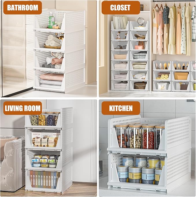 Neprock Clothes Organizers and Storage, 5 Pack Stackable Plastic Bins, Foldable Closet Organizers Drawers for Clothing storage (5L)(White)