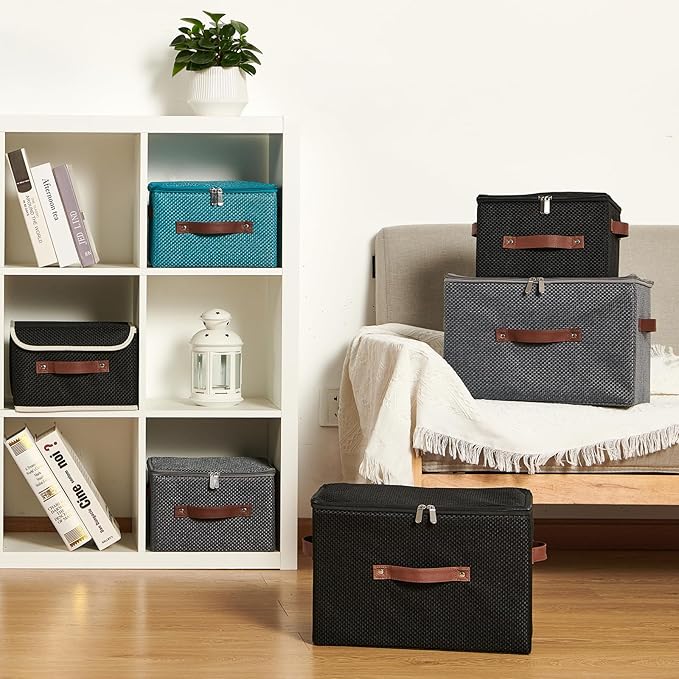 Storage Bins with Lid Fabric Storage Box Basket PU Leather Handle Textured Woven Cotton Linen Decorative Foldable Washable Shelf Closet Organizer Container (Zipper Lid, Blue, Large)-NeatNest