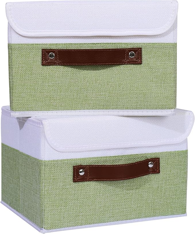 ANMINY 4PCS Storage Boxes with Lid Washable Decorative Storage Bins Basket with PU Leather Handle Foldable Linen Fabric Storage Cubes Containers for Home Closet Organizer - Green White, Small Size-NeatNest